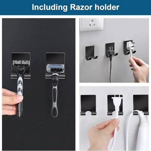 Bộ 3 món phòng tắm: móc treo dao cạo không cần khoan (dán) + kệ treo tường màu đen cho dao cạo và cọ cạo. Giải pháp sắp xếp cho nhà và ký túc xá
