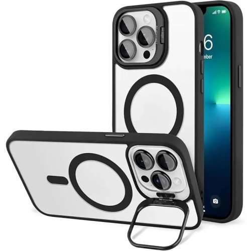 Softcase transparan untuk iPhone 12–17 (termasuk Pro/Max/Plus) — bingkai hitam, kompatibel MagSafe, penyangga lipat terpasang & pelindung lensa kamera, anti-kuning dan tahan gores