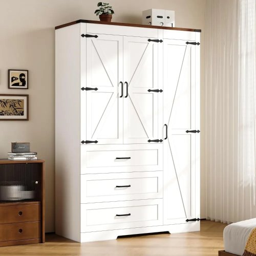 Clóset/armario para recámara estilo farmhouse con barra para colgar y 3 cajones