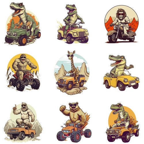 Transfert thermique DTF 15 cm – Animaux sur monster trucks (orang-outan & ours), thermocollant pour T-shirt, autocollant textile DIY