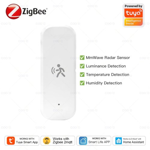 Sensor de movimiento radar mmWave Zigbee — detección de personas con sensor de luz, temperatura y humedad; compatible con Tuya / Zigbee2MQTT