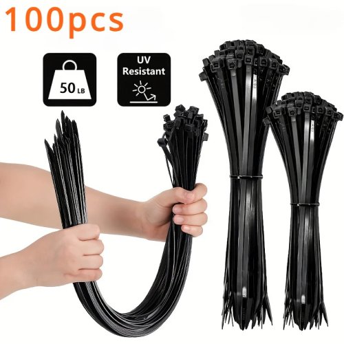 Pack 100 bridas negras – alta resistencia, resistentes a UV, autoblocantes, para ordenación de cables en hogar y oficina