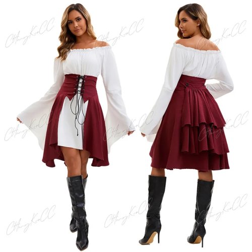 Trang phục cướp biển nữ 2 món — Áo tay dài phong cách Phục Hưng + chân váy trung cổ và corset ôm eo, trang phục hóa trang/cosplay