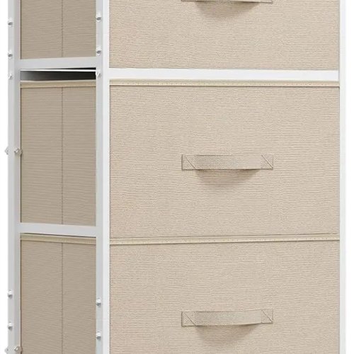 Cómoda alta 5 gavetas com cestos de tecido para quarto — topo em madeira e estrutura de aço resistente