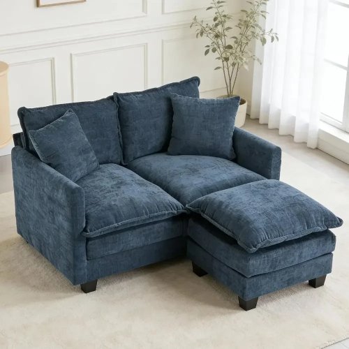 50-inch L-shaped 'Cloud' loveseat with 2-piece ottoman — compact corner sofa for small living rooms & bedrooms, blue