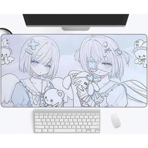 Tapete de secretária XL com ilustração line art pastel de anjos gémeos (anime) — formato alargado, impermeável e antiderrapante para gaming e decoração kawaii