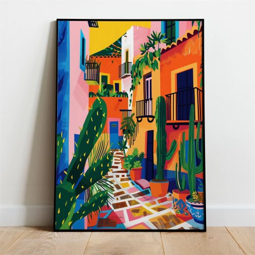 Impresión/póster de arte callejero mexicano en lienzo – arquitectura colorida, decoración boho para pared