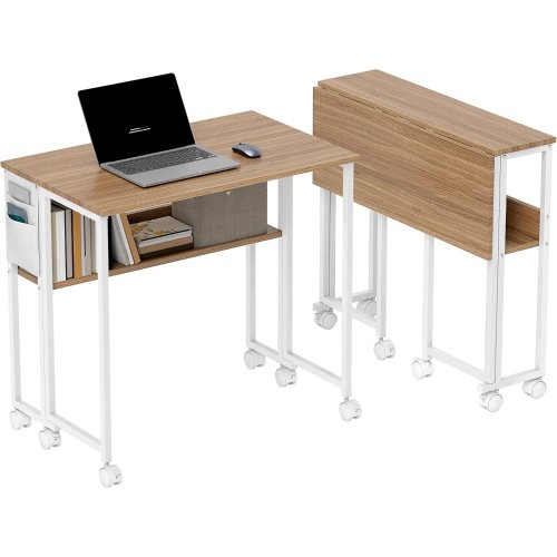 Scrivania pieghevole su ruote 80 cm (31,5") per computer con ripiano e borsa portaoggetti — salvaspazio per casa e studio