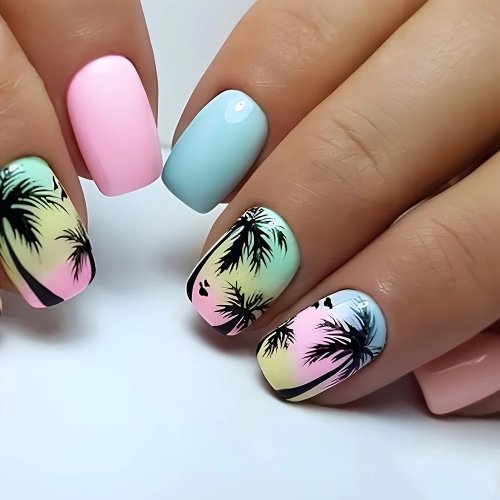 Tropical Palm Tree Press-On Nails — Pink Blue Green Ombre False Nail Tips