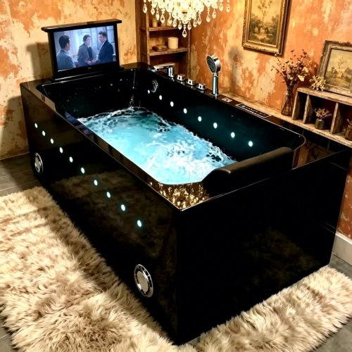 Banheira independente em acrílico tipo jacuzzi com jatos de ar, hidromassagem e TV integrada — design moderno