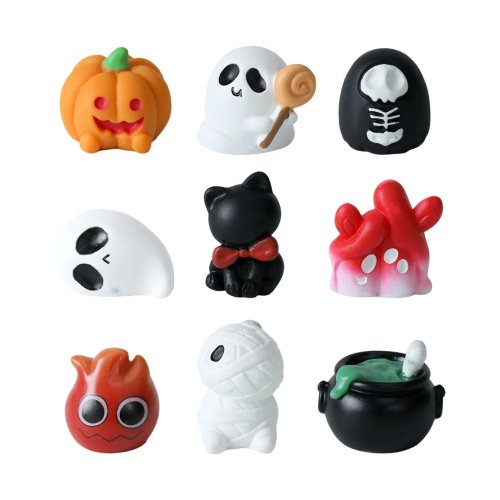 Miniatures Halloween en résine pour maison de poupées – citrouille, fantôme, chauve‑souris, chat noir et crâne