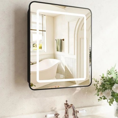 Botiquín con espejo iluminado LED 61×76 cm, empotrable o sobreponer, bisagras de cierre suave, estantes ajustables, negro