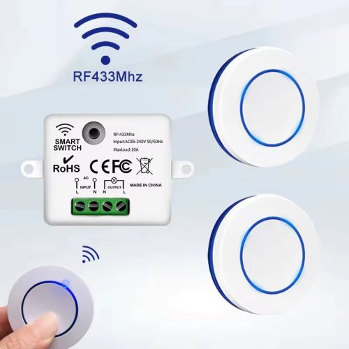 Receptor RF 433MHz sem fios com relé 10A e comando, interruptor de parede com botão redondo mini 110/220V para lâmpadas LED