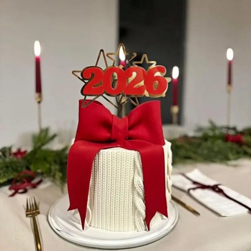Acryl cake topper "Hello 2026" goud/rood – Taartdecoratie voor Kerst & Nieuwjaar