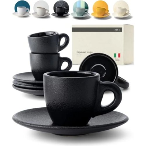 Set 4 Cangkir Demitasse Keramik (90 ml) dengan Piring, Dinding Tebal — Gaya Italia