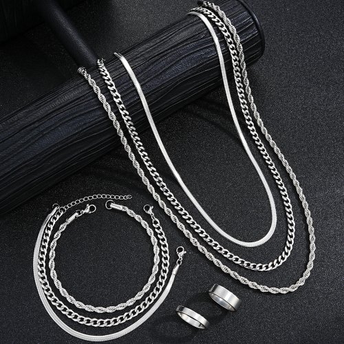 2024 Stainless Steel Silver Jewelry Set for Men & Women — Unisex Punk Vintage Ring, Necklace, Bracelet & Earrings Gift Set