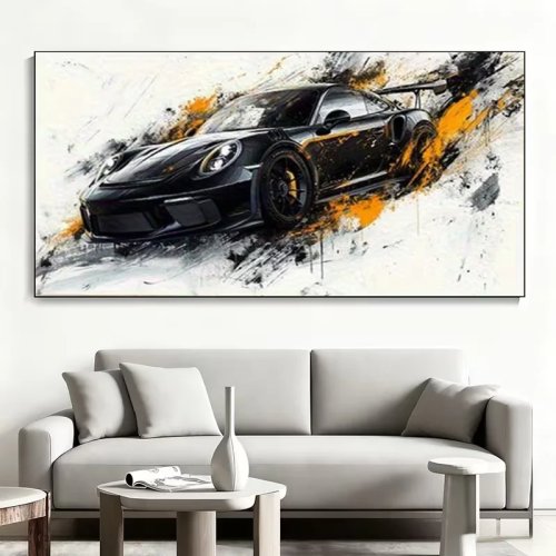 Tranh canvas treo tường lớn, hiện đại trừu tượng – Hình ôtô thể thao đen, mâm vàng và điểm nhấn cam