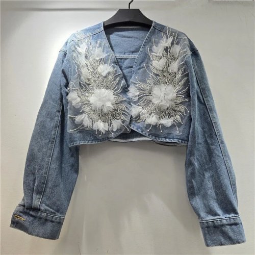 เสื้อแจ็กเก็ตยีนส์สั้นผู้หญิงแบบคาร์ดิแกน สีน้ำเงิน คอวี แขนยาว ลายดอกไม้บนตาข่ายรูปเพชร เหมาะสำหรับหน้าร springs