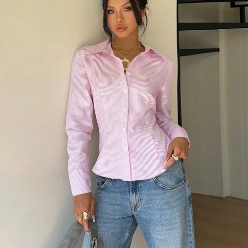 Blusa feminina de manga comprida às riscas com atilho na cintura, estilo outono