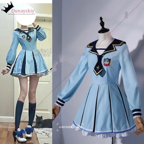 Kostum cosplay Aikatsu Hoshimiya Ichigo — dress seragam JK biru lengan panjang + wig, cocok untuk Halloween dan karnaval