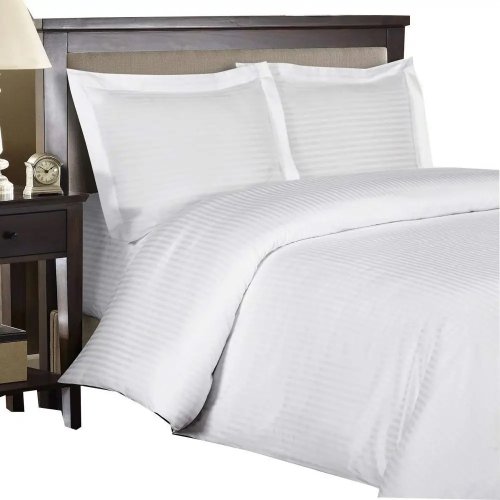 Juego de ropa de cama 8 piezas Queen — sábanas 600 hilos 100% algodón, edredón sintético (down alternative), funda nórdica blanca a rayas