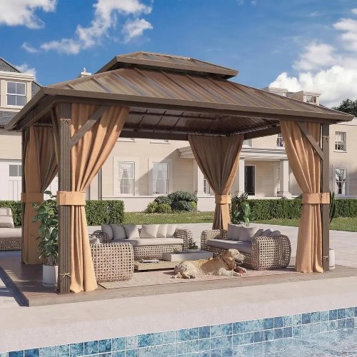10' x 12' Hardtop Gazebo — Galvanized Steel Double-Roof Pergola with Curtains & Mosquito Net, Outdoor Garden Canopy