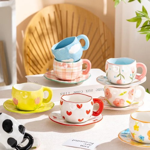 Set tazza da caffè e piattino in ceramica irregolare modellata a mano – dipinto a mano, stile coreano, piccolo, porcellana, idea regalo