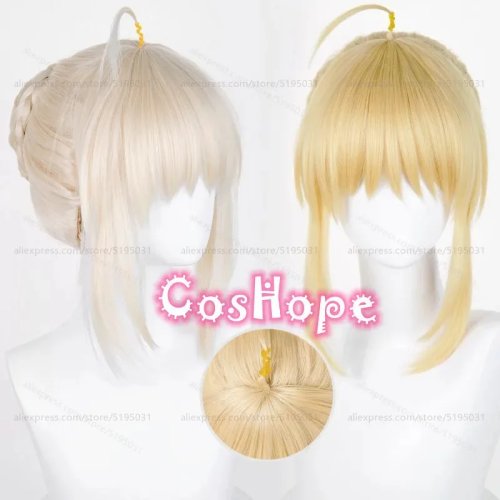 Peruca cosplay Saber (Altria Pendragon) 30 cm, cor leite-dourado, sintética resistente ao calor