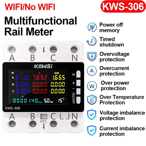 KWS-306 전력계(3상 4선) 컬러 디스플레이, AC 85–290V 전압계·kWh 계량기, 과전압/저전압 보호 기능