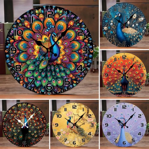 Runde hängende Holzwanduhr mit Pfauenmotiv, leise — für Wohnzimmer, Büro, Arbeitszimmer, Schlafzimmer