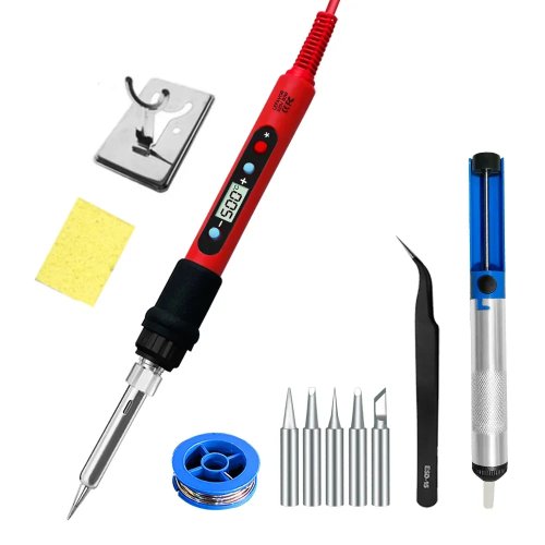 Kit Solder 80W dengan pengaturan suhu, layar LCD, pemanas keramik, ujung solder, pinset & timah solder