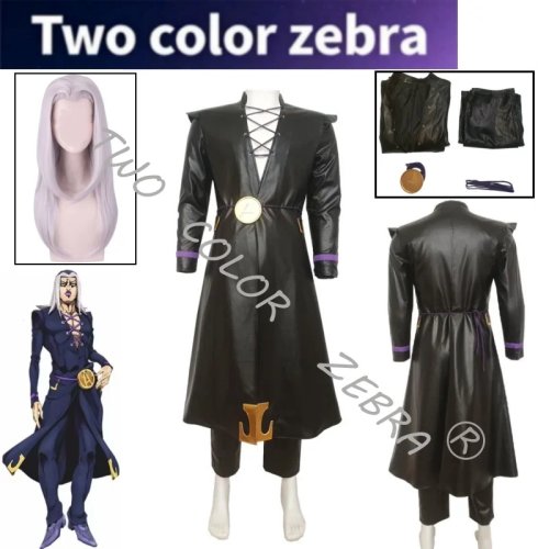 죠죠의 기묘한 모험 Leone Abbacchio 코스프레 세트 - 블랙 레더 코트, 팬츠, 가발 (골든 윈드 스타일)