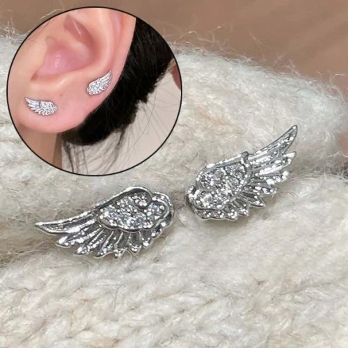 Pendientes de botón para mujer alas de ángel con circonita y cruz, plateados, cristales brillantes — joya regalo