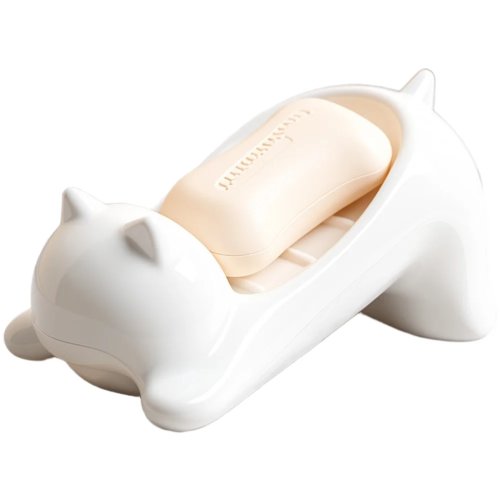 Saboneteira com desenho de gato e orifícios de drenagem, suporte em plástico PP branco, 16,8×10×8 cm
