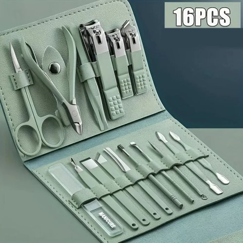 Set professionale manicure e pedicure 16 pezzi — tagliaunghie, tronchesi per cuticole e custodia da viaggio