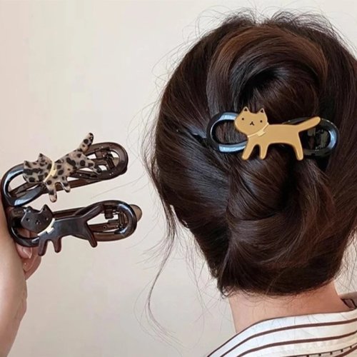 Fermaglio per capelli grande con gatto carino, modello twist per donna — clip cartoon, accessorio quotidiano trendy e versatile, idea regalo