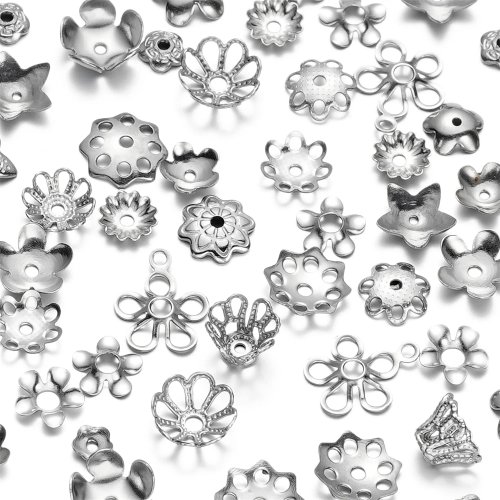20/50 Stück Edelstahl Perlen-Endkappen in Blumenform, 15 Designs Spacer-Perlen für DIY-Schmuck (Armband, Halskette)