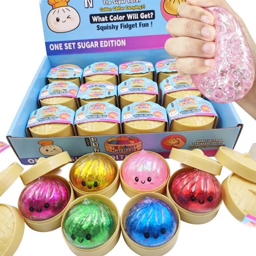 Squishy dumpling com glitter e caixa – bola macia TPR, brinquedo sensorial anti-stress, presente