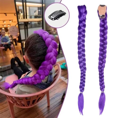Peluca morada K-pop estilo anime con clips, cabello sintético largo con trenza tipo espiga y coleta con clip para niñas