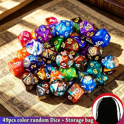 49-teiliges Polyeder-Würfelset mit 7 schwarzen Beuteln – 7 komplette Sets (D4/D6/D8/D10/D%/D12/D20) in zufälligen Farben für D&D, RPG, MTG & Tabletop – Perfektes Halloween- oder Weihnachtsgeschenk