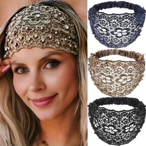 3er-Set Damen Haarbänder, breite elastische Haarbänder mit hohlem Blumenmuster, Strass und Perlenimitat – breiter Hijab-Halter