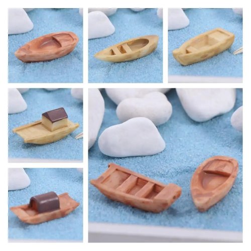 Mini wooden & resin boat aquarium ornament — retro micro landscape fish tank decoration