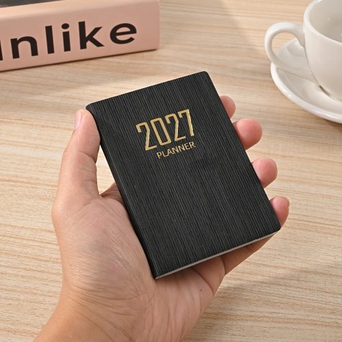 مفكرة جيب A7 2027 - 64/128 صفحة، مخطط أسبوعي ويومي (365 يوم)، غلاف جلد PU، صغيرة محمولة