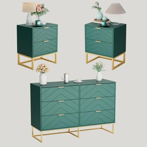 Set camera da letto 3 pezzi con comò a 6 cassetti e 2 comodini, cassettiera in legno moderna, verde