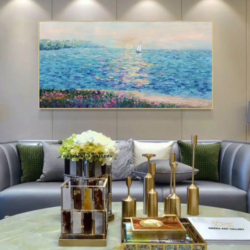 Large hand-painted sunrise ocean seascape – palette-knife coastal wall art