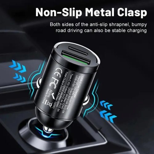 Cargador de coche mini metálico, 2 puertos USB QC3.0 carga rápida — adaptador para toma del encendedor de bajo perfil