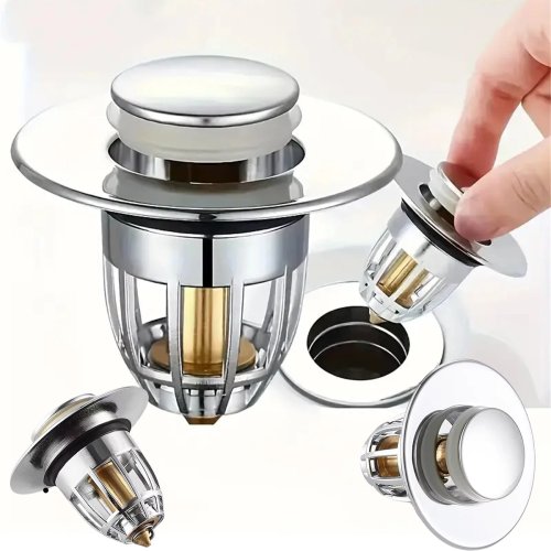 Tapón clic‑clac universal para lavabo con coladera atrapapelo, cromado, tipo pulsador