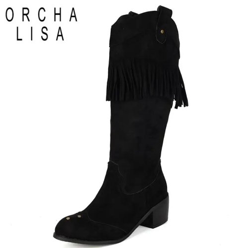 Stivali al ginocchio donna ORCHA LISA 2025, punta tonda, tacco largo 5 cm, effetto suede con nappine, slip-on, grandi numeri 44-46