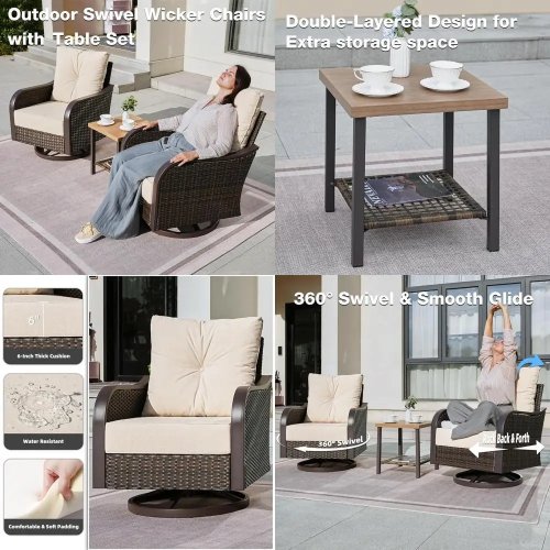 Outdoor Wicker Swivel Rocking Chairs with 6-inch Thick Cushions and Side Coffee Table — 3-Piece Patio Set