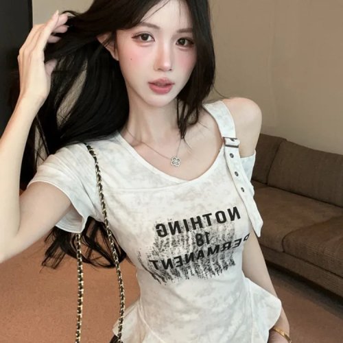 เสื้อผู้หญิง ไหล่เปิด ลายพราง แขนสั้น ฤดูร้อน ตะเข็บลูกไม้อสมมาตร ต่อผ้าลาย ทรงสลิม